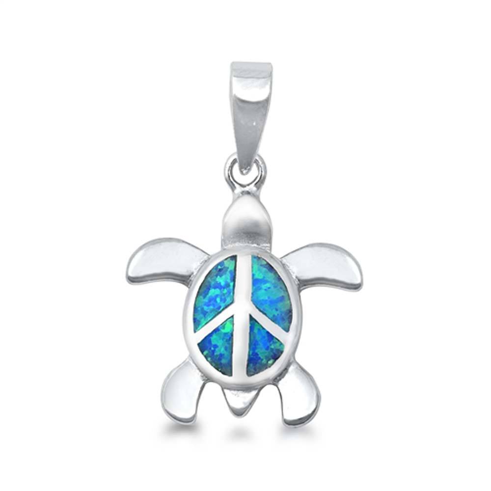 Sterling Silver Stylish Blue Lab Opal Peace Sign Turtle Pendant with Pendant Height of 20MM