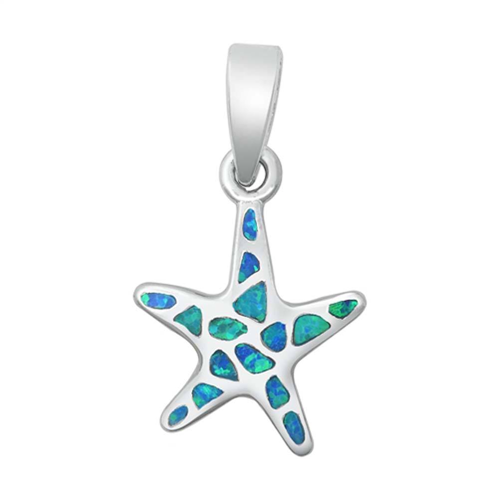 Sterling Silver Trendy Blue Lab Opal Starfish Pendant with Pendant Height of 18MM