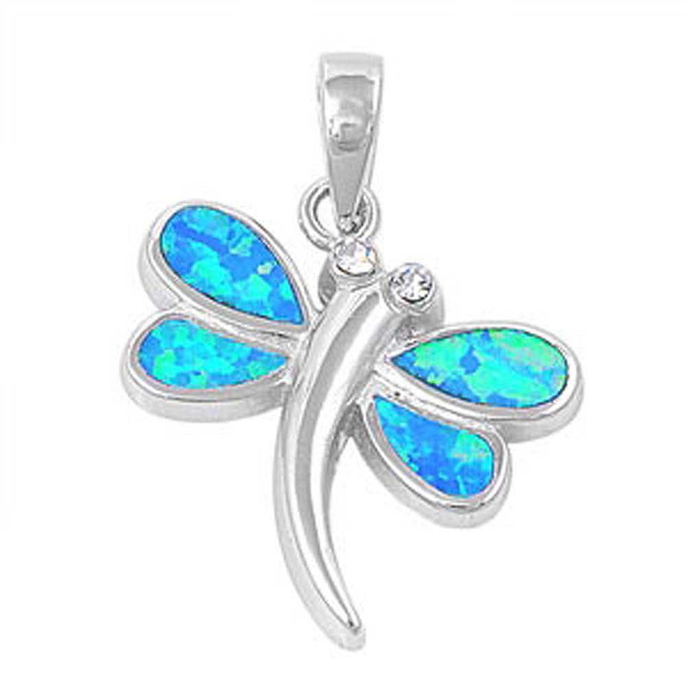 Sterling Silver Modish Dragonfly with Blue Lab Opal PendantAnd Pendant Height of 22MM