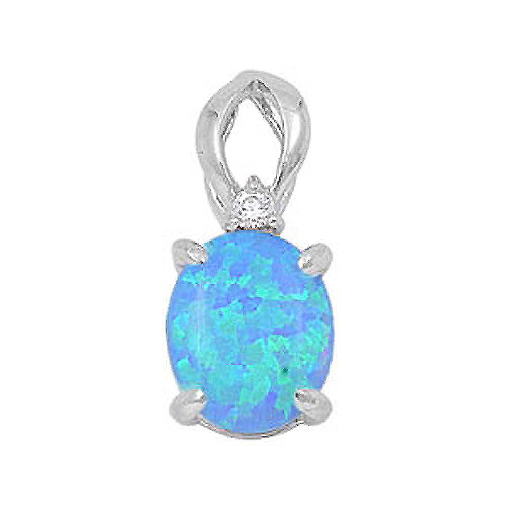 Sterling Silver Blue Lab Opal Oval Prong Setting with Round White CZ Stone On Top Design PendantAnd Pendant Height of 19MM
