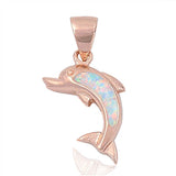 Sterling Silver Stylish Rose Gold Plated White Lab Opal Dolphin Pendant with Pendant Height of 24MM