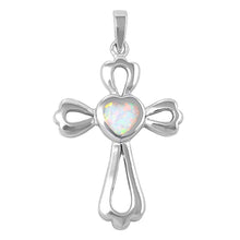 Load image into Gallery viewer, Sterling Silver Fancy White Lab Opal Heart Cross PendantAnd Pendant Height of 37MM