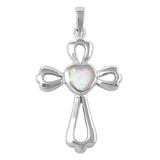 Sterling Silver Fancy White Lab Opal Heart Cross PendantAnd Pendant Height of 37MM