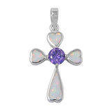 Sterling Silver Stylish White Lab Opal with Amethyst CZ Stone Heart Shaped Cross PendantAnd Pendant Height of 28MM