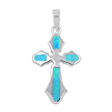 Load image into Gallery viewer, Sterling Silver Fancy Blue Lab Opal Cross Pendant with Pendant Height of 27MM
