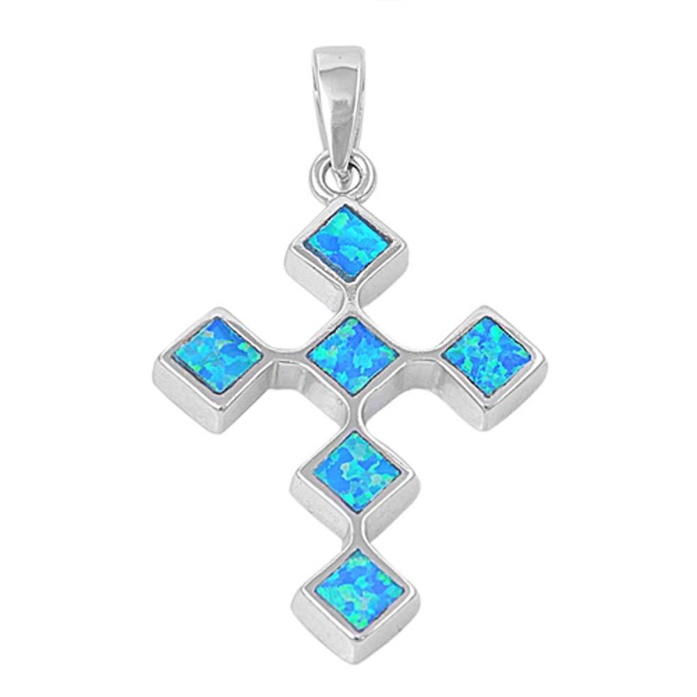 Sterling Silver Stylish Blue Lab Opal Diamond Shaped Cross Pendant with Pendant  Height of 29MM