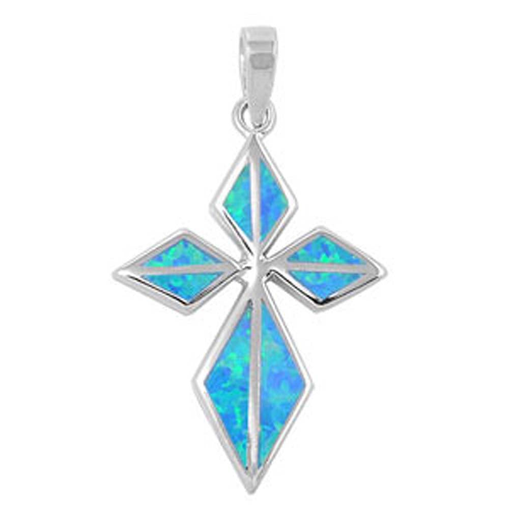 Sterling Silver Fancy Blue Lab Opal Cross Pendant with Pendant Height of 30MM