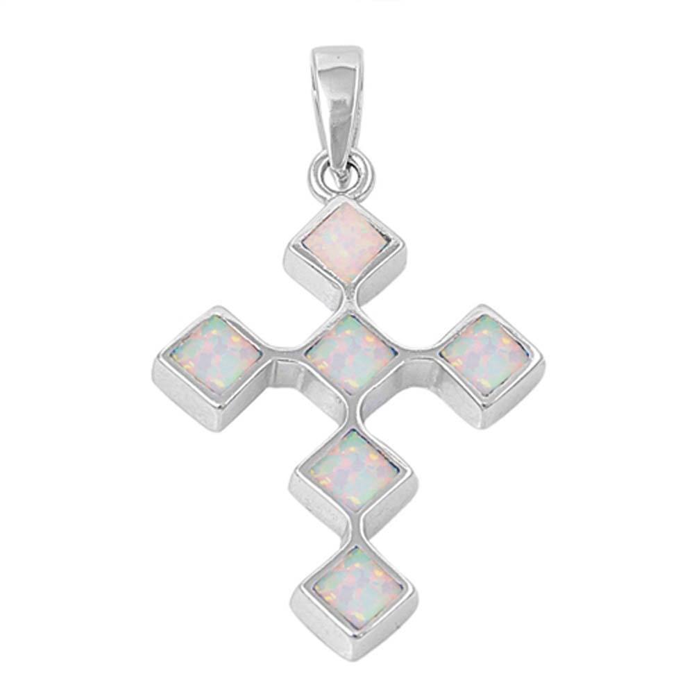 Sterling Silver Fancy Modish White Lab Opal Diamond Shaped Cross Pendant with Pendant Height of 32MM