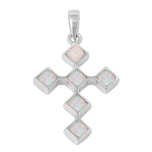 Load image into Gallery viewer, Sterling Silver Fancy Modish White Lab Opal Diamond Shaped Cross Pendant with Pendant Height of 32MM
