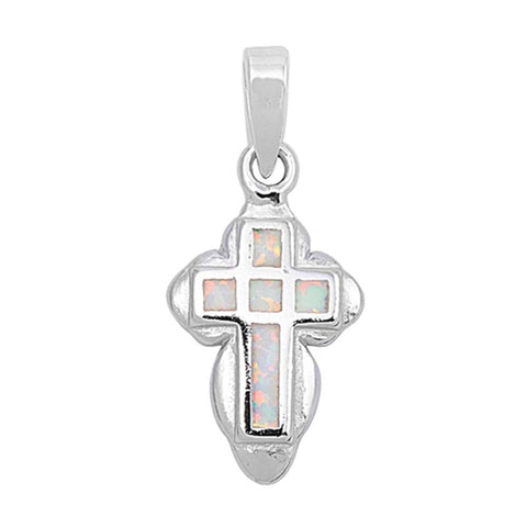 Sterling Silver Fancy White Lab Opal Thick Cross Pendant with Pendant Height of 20MM
