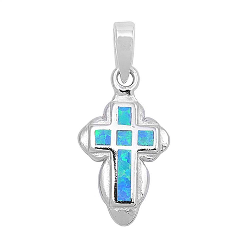 Sterling Silver Fancy Blue Lab Opal Thick Cross Pendant with Pendant Height of 20MM