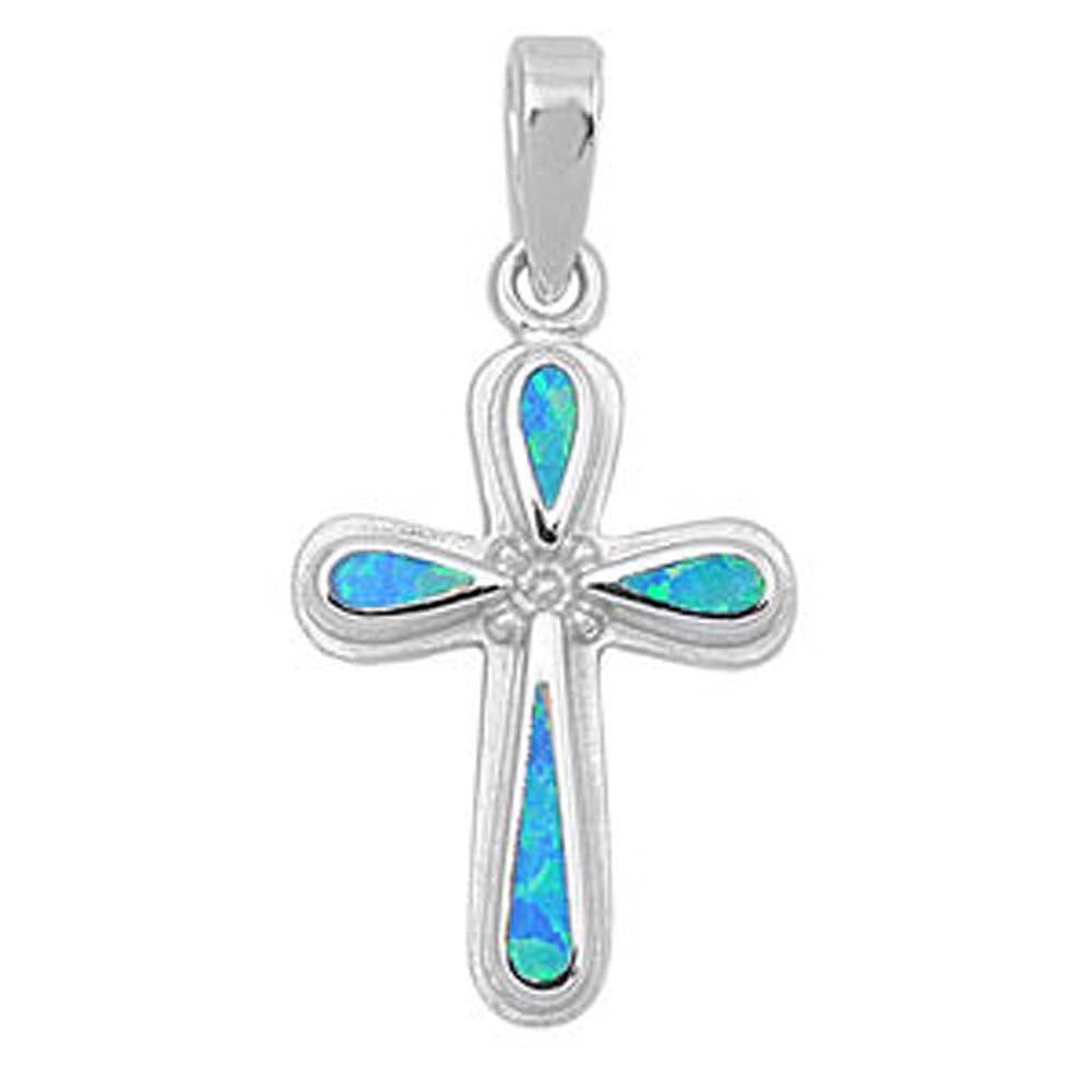 Sterling Silver Fancy Stylish Blue Lab Opal Cross Pendant with Pendant Height of 25MM