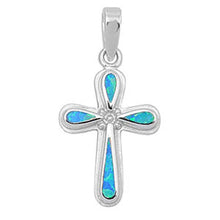 Load image into Gallery viewer, Sterling Silver Fancy Stylish Blue Lab Opal Cross Pendant with Pendant Height of 25MM