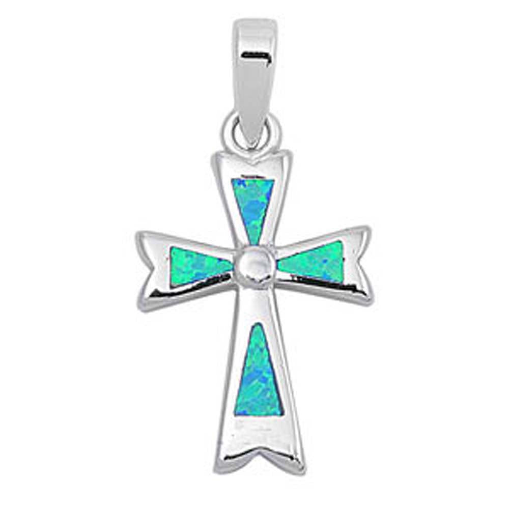Sterling Silver Modish Blue Lab Opal Cross Pendant with Pendant Height of 25MM