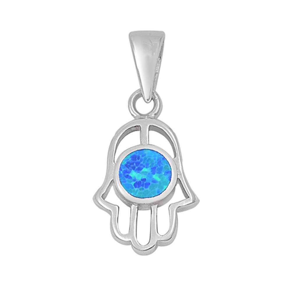 Sterling Silver Hand of God Pendant with Centered Round Blue Lab OpalAnd Pendant Height of 18MM