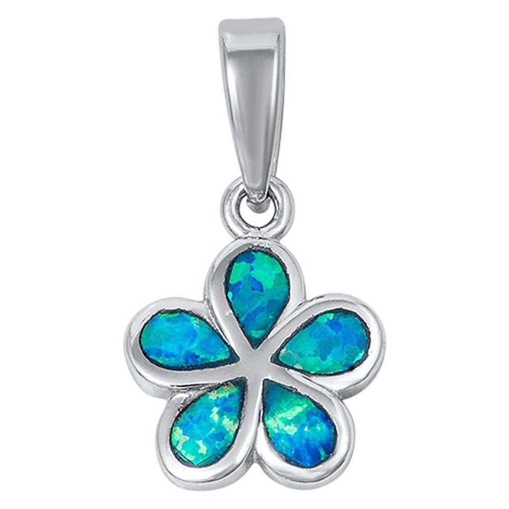 Sterling Silver Small Blue Lab Opal Flower Pendant with Pendant Height of 14MM