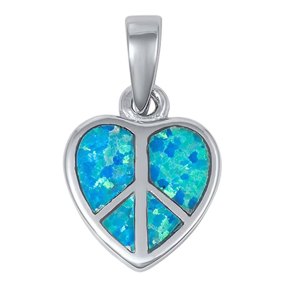 Sterling Silver Trendy Blue Lab Opal Heart Peace Sign Pendant with Pendant Height of 15MM