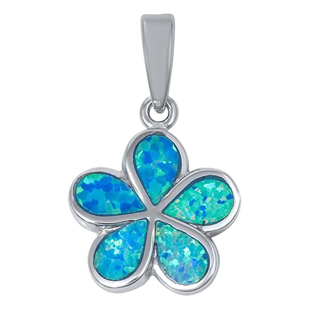 Sterling Silver Medium Blue Lab Opal Flower Pendant with Pendant Height of 18MM