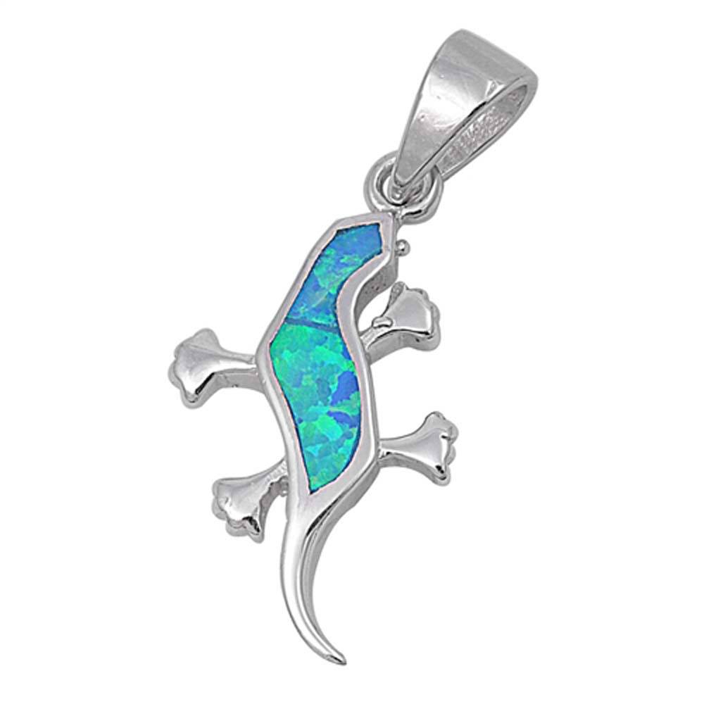 Sterling Silver Fancy Blue Lab Opal Lizard Pendant with Pendant Height of 23MM
