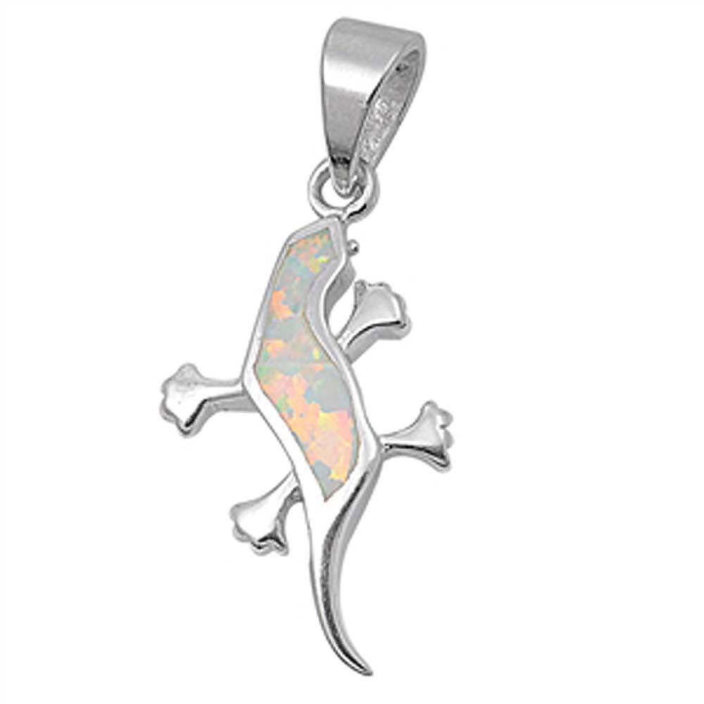 Sterling Silver Fancy White Lab Opal Lizard Pendant with Pendant Height of 23MM