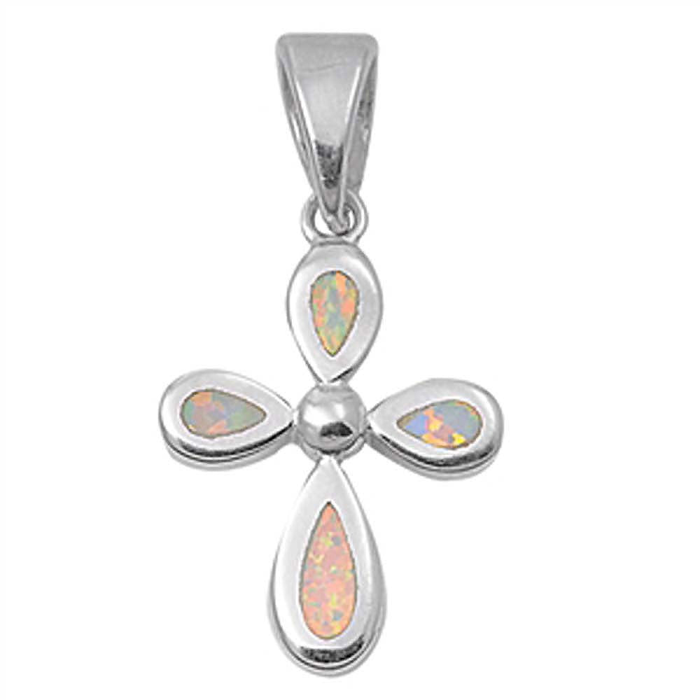 Sterling Silver Modish White Lab Opal Cross Pendant with Pendant Height of 18MM