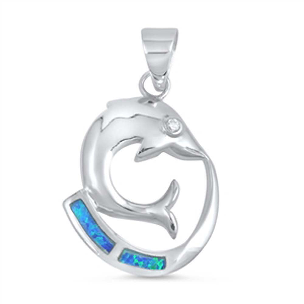 Sterling Silver Fancy Blue Lab Opal Dolphin Pendant with Pendant Height of 22MM