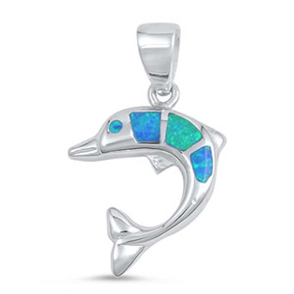 Sterling Silver Fancy Blue Lab Opal Dolphin Pendant with Pendant Height of 20MM