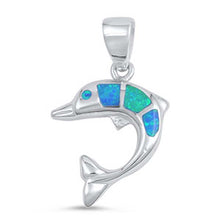 Load image into Gallery viewer, Sterling Silver Fancy Blue Lab Opal Dolphin Pendant with Pendant Height of 20MM