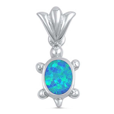 Sterling Silver Fancy Blue Lab Opal Turtle Pendant with Pendant Height of 13MM