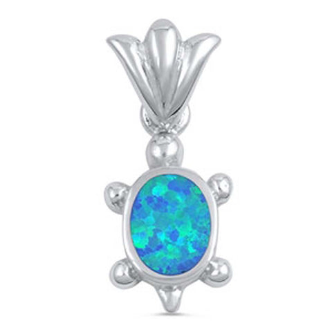 Sterling Silver Fancy Blue Lab Opal Turtle Pendant with Pendant Height of 13MM
