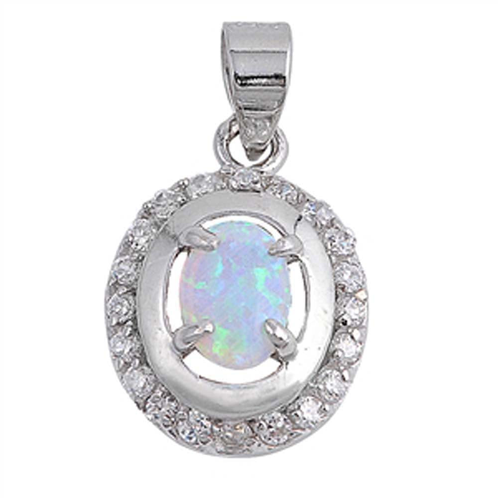 Sterling Silver Classy Micro Pave Oval Frame with Centered Oval Cut White Lab Opal PendantAnd Pendant Height of 16MM