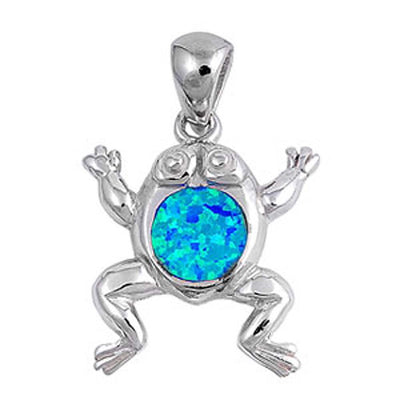 Sterling Silver Fancy Blue Lab Opal Frog Pendant with Pendant Height of 26MM