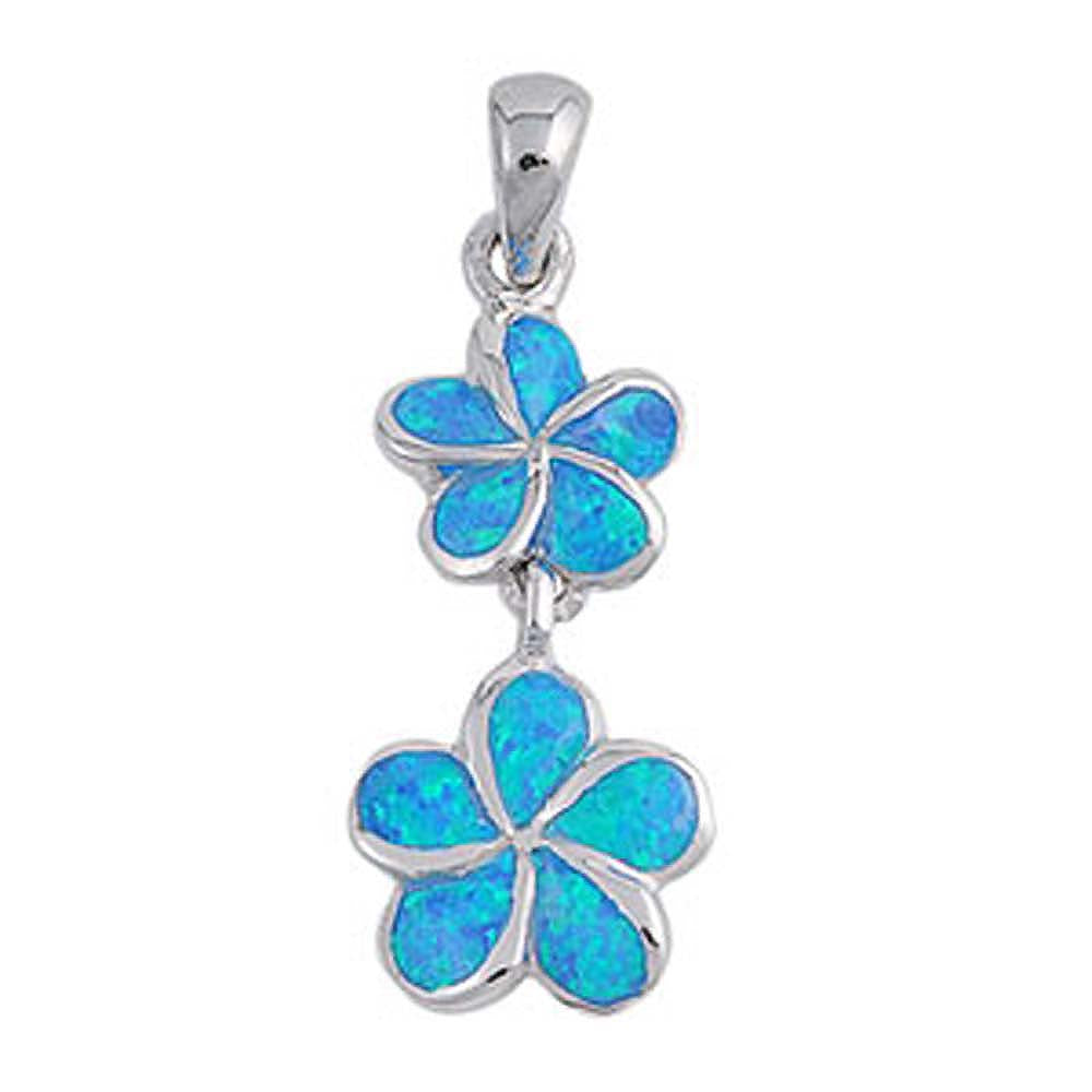 Sterling Silver Trendy Double Blue Lab Opal Plumeria Dangle Pendant with Pendant Height of 29MM