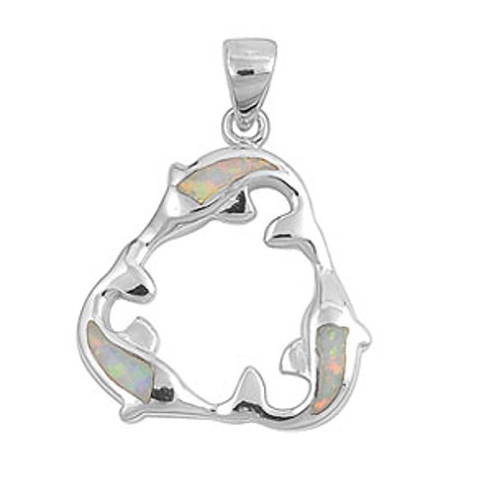 Stylish Sterling Silver Three Dolphins Pendant with White Lab OpalAnd Pendant Height of 22MM