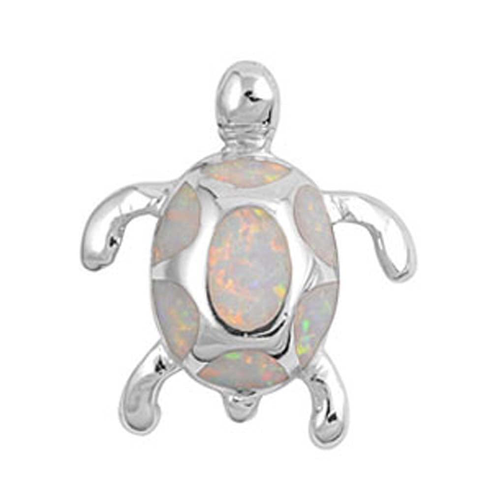 Sterling Silver Fancy Turtle Pendant with White Lab OpalAnd Pendant Height of 24MM