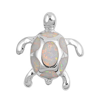 Sterling Silver Fancy Turtle Pendant with White Lab OpalAnd Pendant Height of 24MM