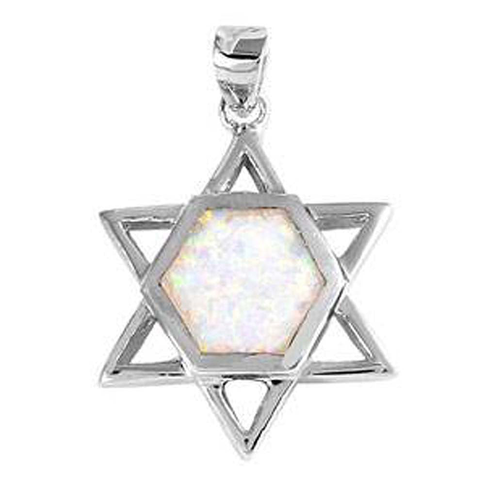 Sterling Silver Star Of David Shape White Lab Opal PendantAnd Pendant Height 23mm