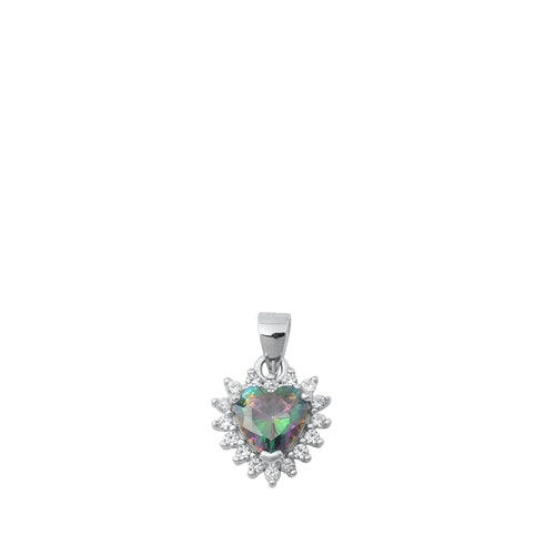 Sterling Silver Rhodium Plated Heart Rainbow Topaz CZ and Clear CZ Pendant