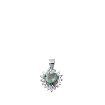 Sterling Silver Rhodium Plated Heart Rainbow Topaz And Clear CZ Pendant Face Height-10mm