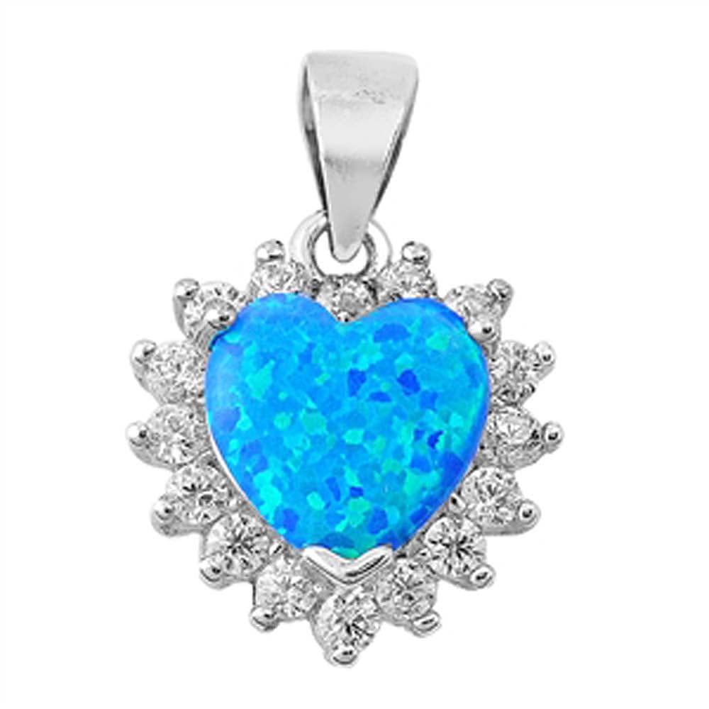 Sterling Silver Heart Shape Blue Lab Opal Pendant with CZ StonesAnd Pendant Height 14mm