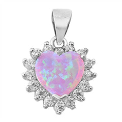 Sterling Silver Heart Shape Pink Lab Opal Pendant with CZ StonesAnd Pendant Height 14mm