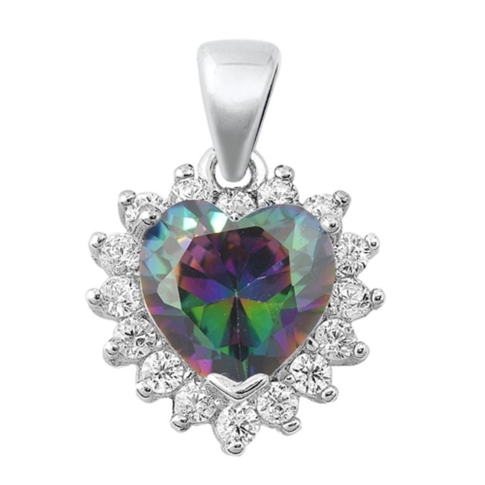 Sterling Silver Rainbow Topaz Lab Opal Heart Pendant - silverdepot