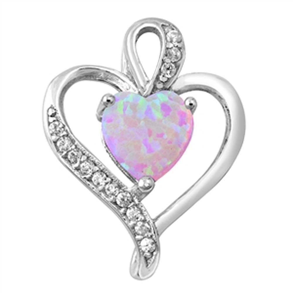 Sterling Silver Heart Shape Pink Lab Opal Pendant with CZ StonesAnd Pendant Height 17mm