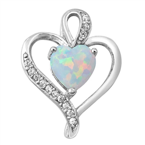 Sterling Silver With Lab Opal Heart Plain Pendant