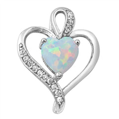 Sterling Silver With Lab Opal Heart Plain Pendant