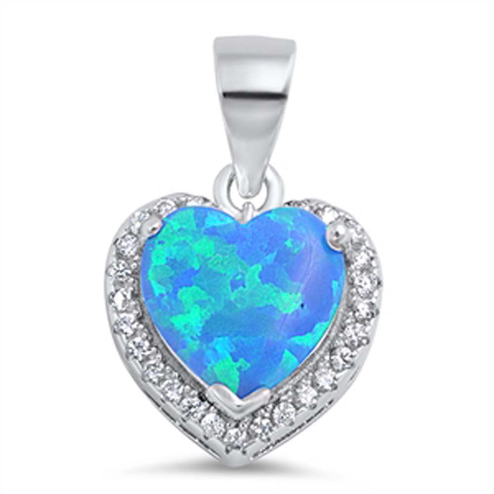 Sterling Silver Heart Shape Blue Lab Opal Pendant with CZ StonesAnd Pendant Height 11mm