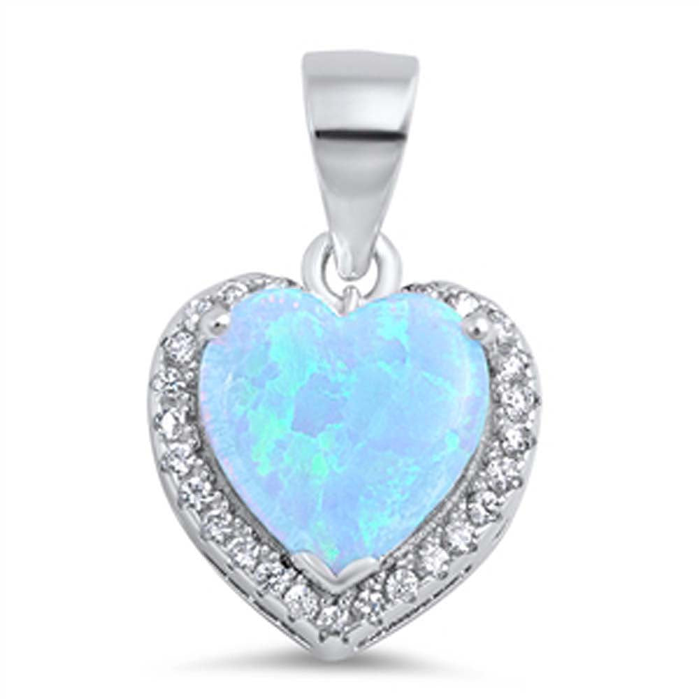 Sterling Silver Heart Shape Light Blue Lab Opal Pendant with CZ StonesAnd Pendant Height 11mm