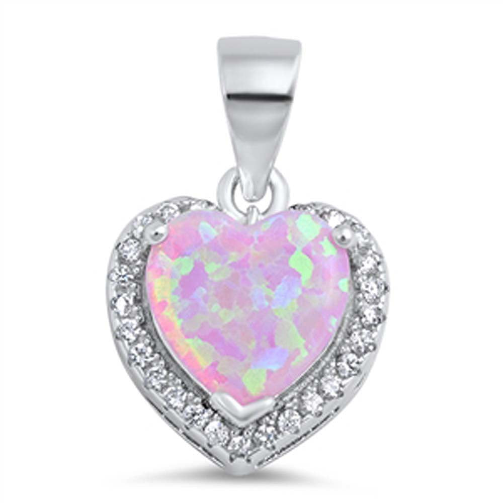 Sterling Silver Heart Shape Pink Lab Opal Pendant with CZ StonesAnd Pendant Height 11mm