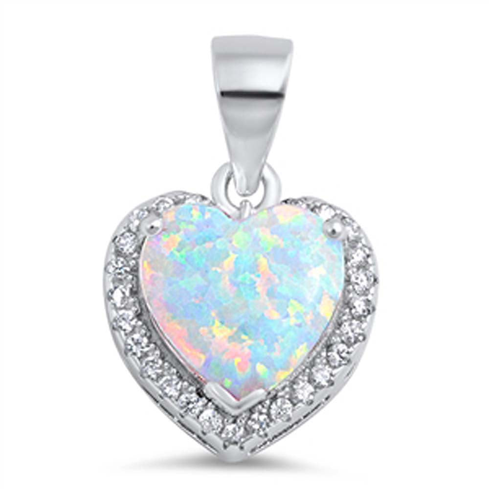 Sterling Silver Heart Shape White Lab Opal Pendant with CZ StonesAnd Pendant Height 11mm