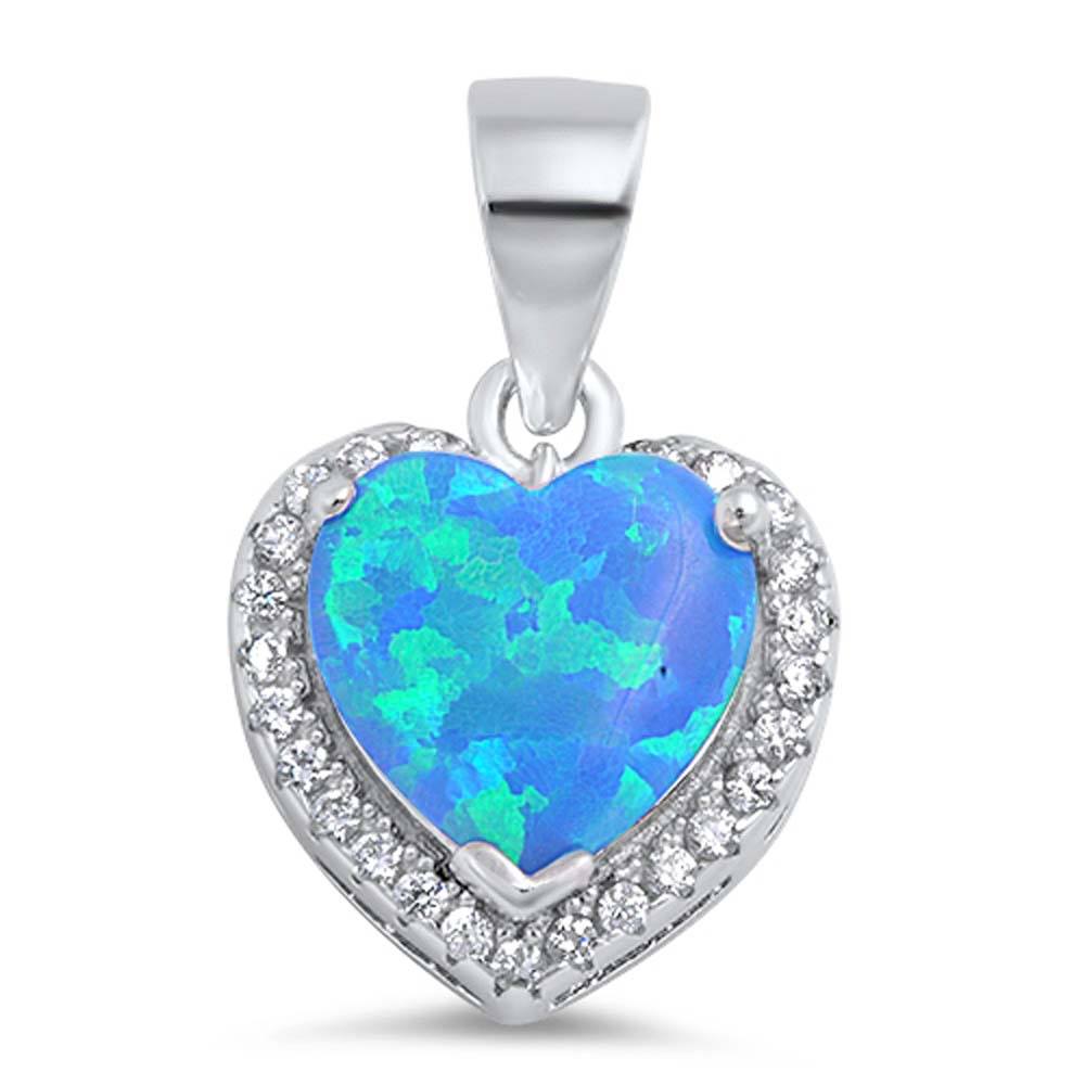 Sterling Silver Heart Shape Blue Lab Opal Pendant with CZ StonesAnd Pendant Height 12mm